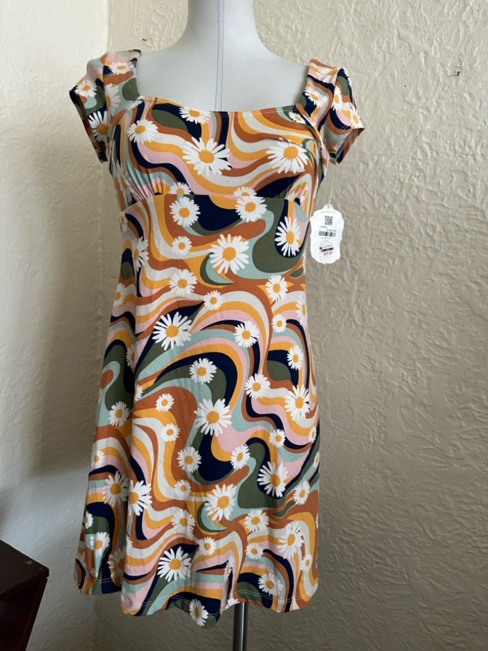 Altar’d State Floral Swirl Pattern Mini Dress Gold Yellow Navy Blue Cream NWT S